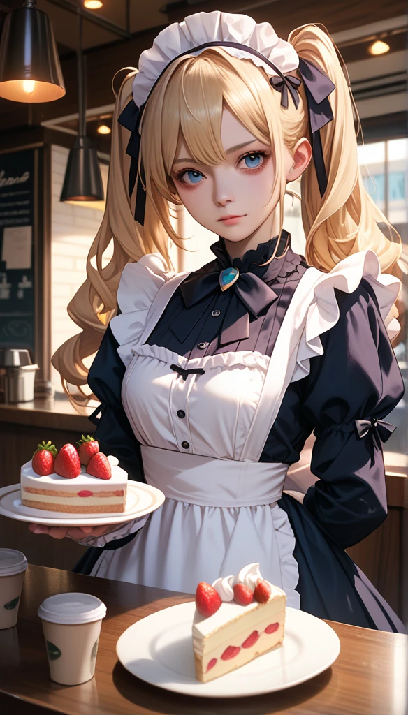 Promotional photos, This place is a coffee shop,  1 girl at home, face, The waitress brought the cake to the table, , Gentle face,  Gothic Lolita half costume and strawberry motif maid costume, White Based Clothes ,Long hair, blond, Twin ponytails, 