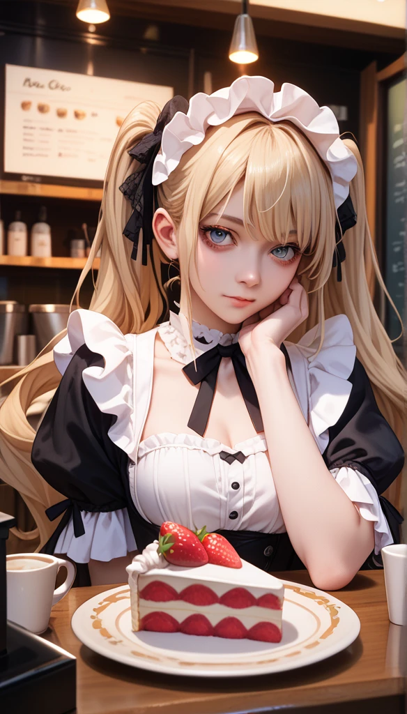 Promotional photos, This place is a coffee shop,  1 girl at home, face, The waitress brought the cake to the table, , Gentle face,  Gothic ****ta half costume and strawberry motif maid costume, White Based Clothes ,Long hair, blond, Twin ponytails, 