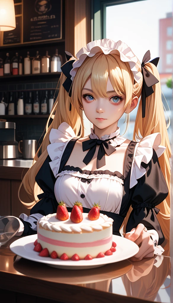 Promotional photos, This place is a coffee shop,  1 girl at home, face, The waitress brought the cake to the table, , Gentle face,  Gothic ****ta half costume and strawberry motif maid costume, White Based Clothes ,Long hair, blond, Twin ponytails, 