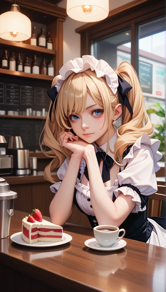 Promotional photos, This place is a coffee shop,  1 girl at home, face, The waitress brought the cake to the table, , Gentle face,  Gothic ****ta half costume and strawberry motif maid costume, White Based Clothes ,Long hair, blond, Twin ponytails, 