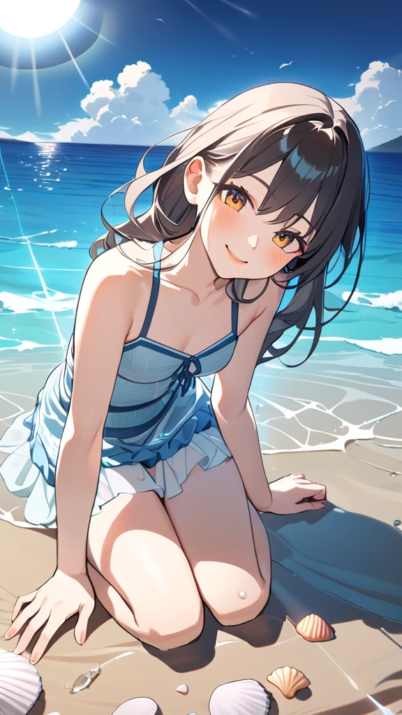 solo, handsome, 
1. Female,
Hime cut,Straight Hair,short Hair, 
black hair, 
Nakano Yotsuba,
brown Eyes,Soft look,beautiful,beautiful,Sexy,Darkness,
smile,skin, tits ,beach ball
White bikini bathing suit,
Ocean background,