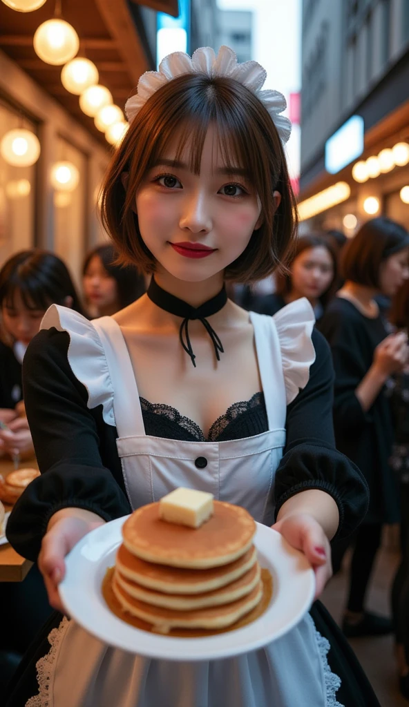 Perfect composition, Proper placement, Golden Ratio, Above the knee shot, Front View:1.21,  Beautiful Japanese Women,  maid cafe crew :1.331,  Goth Style Maid 1 .21, Brown Hair,  BOB CUT HAIR:1.21,  Brown Eyes :1.21,  Clear Eyes , Perfect beauty, Pink lipstick:0.98,  anatomically correct proportions :1.331,  has a small head:1.331,  flat chest:1.331, Slender body:1.331, Thin limbs:1.331,  thin waist:1.331,  cosplay as cute maids at dusk :1.21,  wear cute maid clothes :1.21, False eyelashes, Crimson Cheek , False eyelashes, Smile, Offer pancakes while staring at viewers, Perfect beauty,  cosplay as cute maids , Lots of customers and maids ,  emotional and dynamic dramatic lighting ,