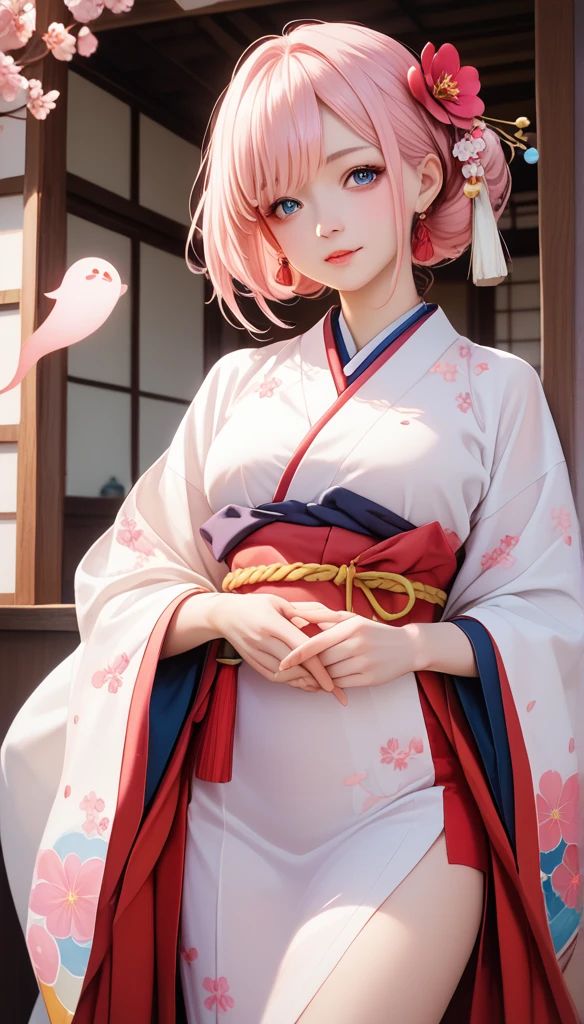 Hyperrealism,  high detail, and a high resolution 16k year-old girl , Beautiful female ghost or guardian spirit.  with pale pink hair and translucent skin , Wearing traditional Japanese kimono，Small cherry blossom pattern on the belt.  This image captures the otherworldly beauty and mystery of the spiritual world. Style inspired by sophistication, The gentle beauty of traditional Japanese art.