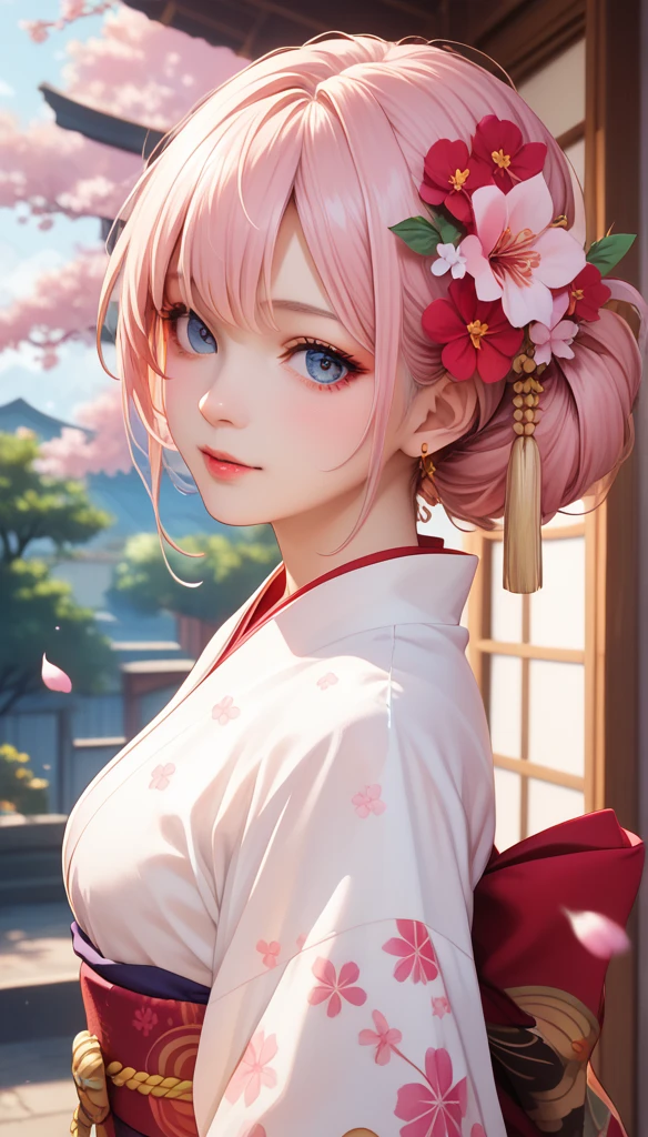 Hyperrealism,  high detail, and a high resolution 16k year-old girl , Beautiful female ghost or guardian spirit.  with pale pink hair and translucent skin , Wearing traditional Japanese kimono，Small cherry blossom pattern on the belt.  This image captures the otherworldly beauty and mystery of the spiritual world. Style inspired by sophistication, The gentle beauty of traditional Japanese art.