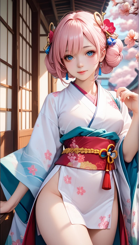 Hyperrealism,  high detail, and a high resolution k yeld gi, Beautiful female ghost or guardian spirit.  with pale pink hair and translucent skin , Wearing traditional Japanese kimono，Small cherry blossom pattern on the belt.  This image captures the otherworldly beauty and mystery of the spiritual world. Style inspired by sophistication, The gentle beauty of traditional Japanese art.