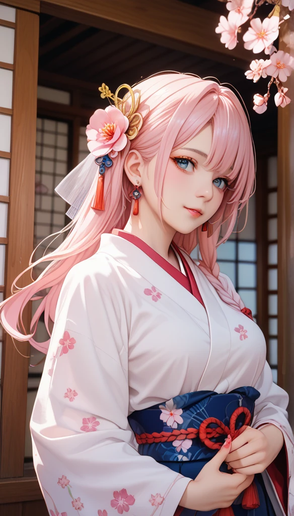 Hyperrealism,  high detail, and a high resolution 16k year-old girl , Beautiful female ghost or guardian spirit.  with pale pink hair and translucent skin , Wearing traditional Japanese kimono，Small cherry blossom pattern on the belt.  This image captures the otherworldly beauty and mystery of the spiritual world. Style inspired by sophistication, The gentle beauty of traditional Japanese art.