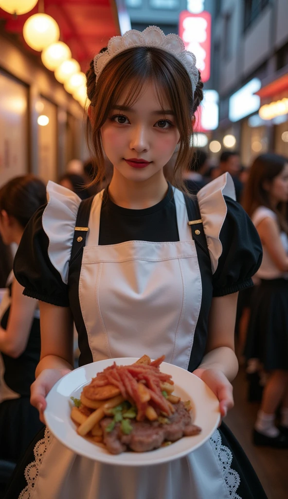 Perfect composition, Proper placement, Golden Ratio, Above the knee shot, Front View:1.21,  Beautiful Japanese Women,  maid cafe crew :1.331,  Goth Style Maid 1 .1, Brown Hair,  braid hair:1.21,  Brown Eyes :1.21,  Clear Eyes ,  Perfect beauty, Pink lipstick:0.98,  Anatomically Correct Proportions :1.331,  has a small head:1.331,  flat chest:1.331, Slender body:1.331, Thin limbs:1.331,  thin waist:1.331,  cosplay as cute maids at dusk :1.21,  wear cute maid clothes :1.21, False eyelashes, Crimson Cheek , False eyelashes, Smile, Offer a hamburg steak set while staring at viewers, Perfect beauty,  cosplay as cute maids , Lots of customers and maids ,  Emotional Dynamic Dramatic Lighting , 