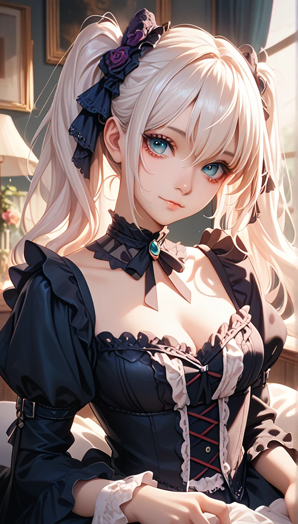 at home,  1 girl at home, Gentle face, Twin ponytails, Gentle face,  Gothic ****ta ,  based on white clothes,Long hair, White hair, 