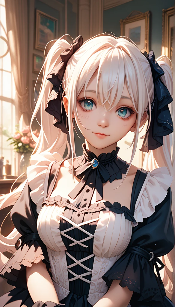 at home,  1 girl at home, Gentle face, Twin ponytails, Gentle face,  Gothic ta ,  based on white clothes,Long hair, White hair, 