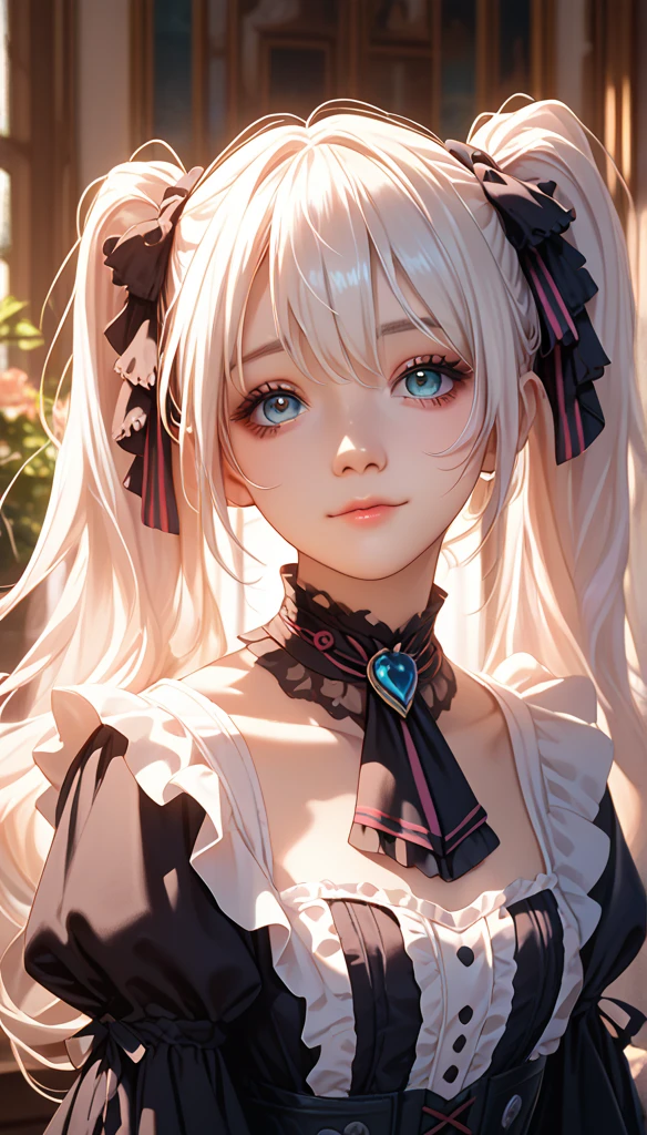 at home,  1 girl at home, Gentle face, Twin ponytails, Gentle face,  Gothic ta ,  based on white clothes,Long hair, White hair, 