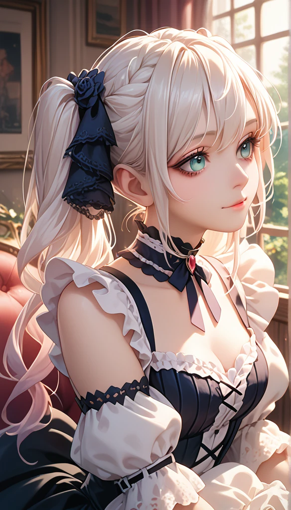 at home,  1 girl at home, Gentle face, Twin ponytails, Gentle face,  Gothic Lolita ,  based on white clothes,Long hair, White hair, 