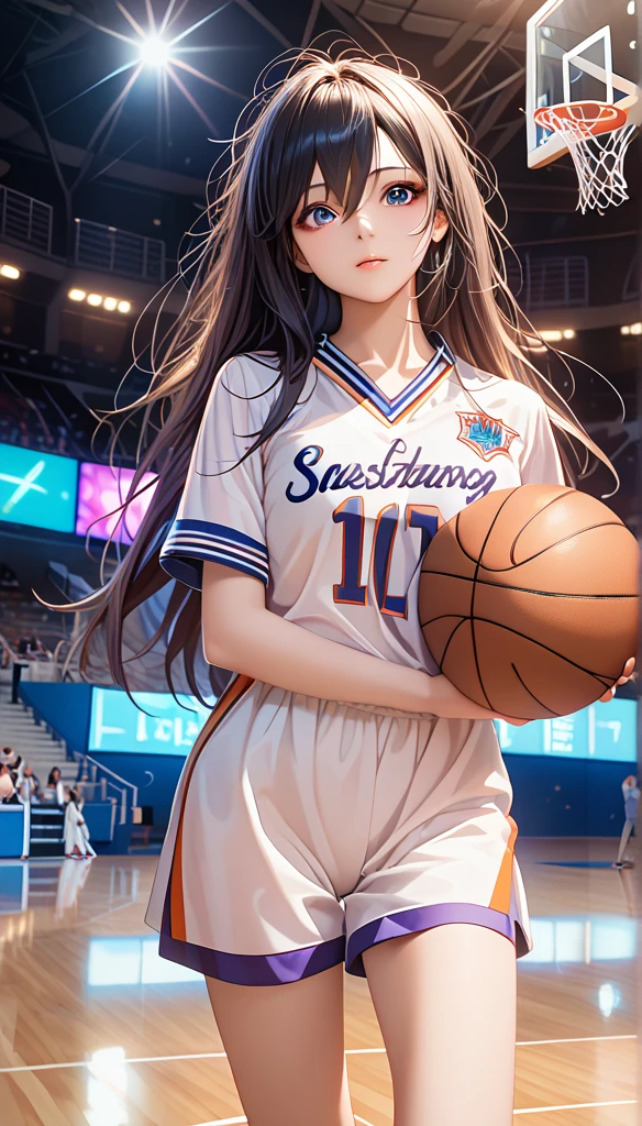 (8K,  best quality,  masterpiece :1.2), ( actual , photo- actual :1.37),  super detailed, best quality,  super high resolution , Professional lighting, Photon Mapping, Radiosity, Physical Rendering,  movie lighting, Basketball Court,Depth of Field,  clearly focused ,Sunlight, Good composition,(Bokeh:1.2) 1 Girl, alone ,(whole body), (Shut up),  detailed eyes , posture, Slim waist,Basketball uniforms,  dark hair, Messy Hair , long hair fluttering ,(ulzzang-6500:1.2),  Mix 4, High body