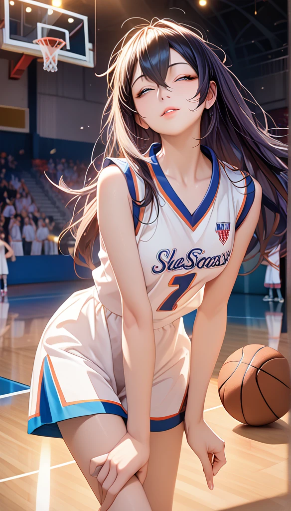 (8K,  best quality,  masterpiece :1.2), ( actual , photo- actual :1.37),  super detailed, best quality,  super high resolution , Professional lighting, Photon Mapping, Radiosity, Physical Rendering,  movie lighting, Basketball Court,Depth of Field,  clearly focused ,Sunlight, Good composition,(Bokeh:1.2) 1 Girl, alone ,(whole body), (Shut up),  detailed eyes , posture, Slim waist,Basketball uniforms,  dark hair, Messy Hair , long hair fluttering ,(ulzzang-6500:1.2),  Mix 4, High body