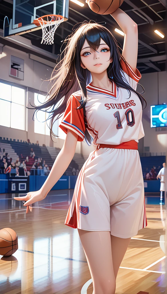 (8K,  best quality,  masterpiece :1.2), ( actual , photo- actual :1.37),  super detailed, best quality,  super high resolution , Professional lighting, Photon Mapping, Radiosity, Physical Rendering,  movie lighting, Basketball Court,Depth of Field,  clearly focused ,Sunlight, Good composition,(Bokeh:1.2) 1 Girl, alone ,(whole body), (Shut up),  detailed eyes , posture, Slim waist,Basketball uniforms,  dark hair, Messy Hair , long hair fluttering ,(ulzzang-6500:1.2),  Mix 4, High body