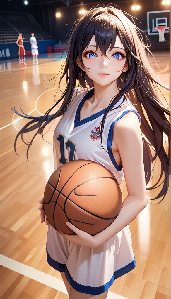 (8K,  best quality,  masterpiece :1.2), ( actual , photo- actual :1.37),  super detailed, best quality,  super high resolution , Professional lighting, Photon Mapping, Radiosity, Physical Rendering,  movie lighting, Basketball Court,Depth of Field,  clearly focused ,Sunlight, Good composition,(Bokeh:1.2) 1 Girl, alone ,(whole body), (Shut up),  detailed eyes , posture, Slim waist,Basketball uniforms,  dark hair, Messy Hair , long hair fluttering ,(ulzzang-6500:1.2),  Mix 4, High body