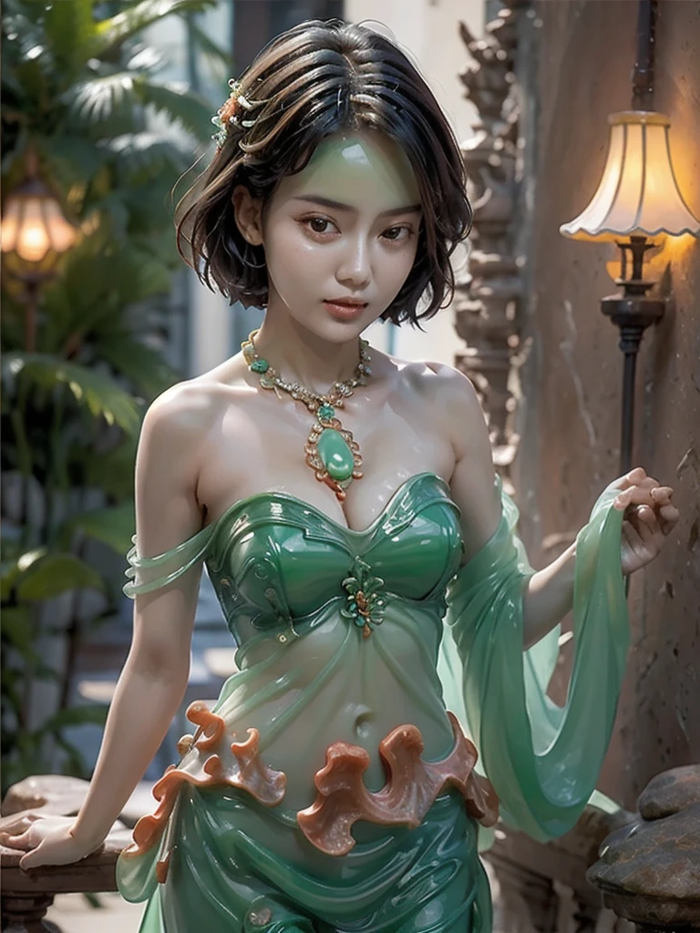 masterpiece,best quality, jade, jade sculpture, 1 girl , Strapless dress,  bare shoulders, short hair,  sea wave, ((coral)) , floating rock, front light, cinematic light