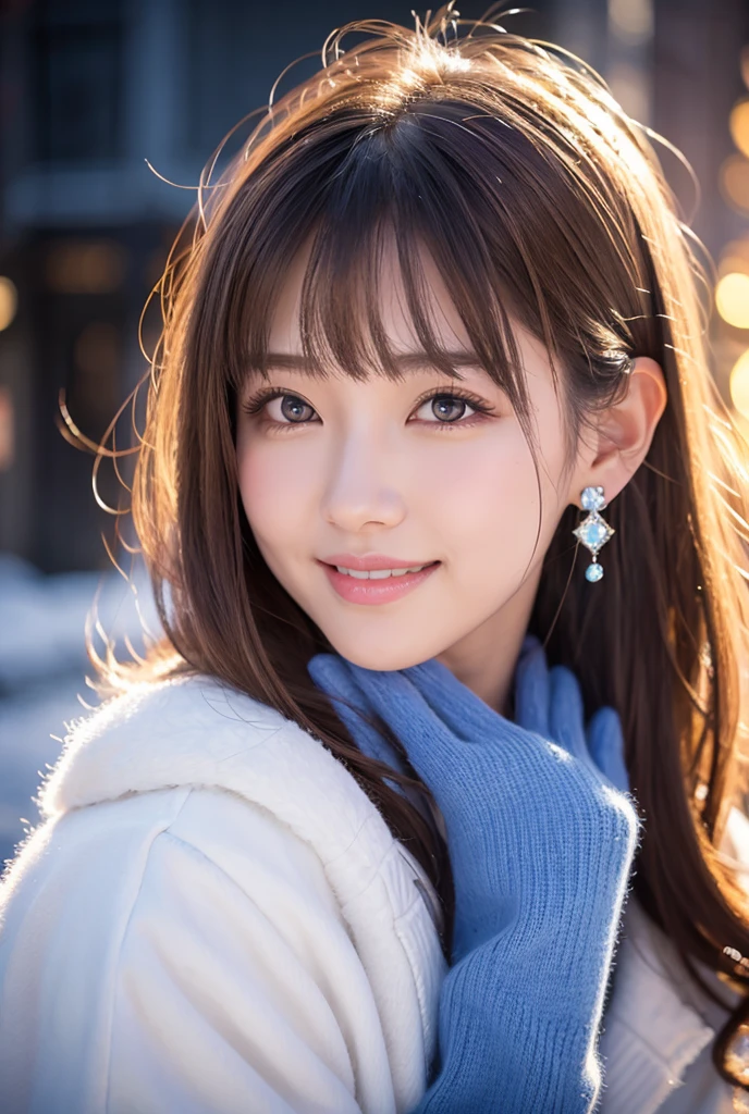 1 girl, {{{Super delicate blue eyes}}}、Born a young lady、(Wear a fluffy mink coat with luxurious fur:1.2), (RAW Photos, highest qualthaty), (Realistic, Realistic:1.4), Tabletop, Very delicate and beautiful, Very detailed, 2k wallpaper, wonderful, finely, Very detailed CG Unthaty 8K wallpaper, Very detailed, High resolution, Soft Light, Beautiful detailed girl, Very detailed目と顔, Beautiful and sophisticated nose, Finely beautiful eyes, Cinema Lighting, Illuminations that light up the cthaty on a snowy night, Snow Scene, that&#39;that&#39;it&#39;s snowing, Snow fell in my hair, Perfect Anatomy, Slender body, Was nervous, 
Straight semi-long hair, bangs, Looking at the audience, smile
