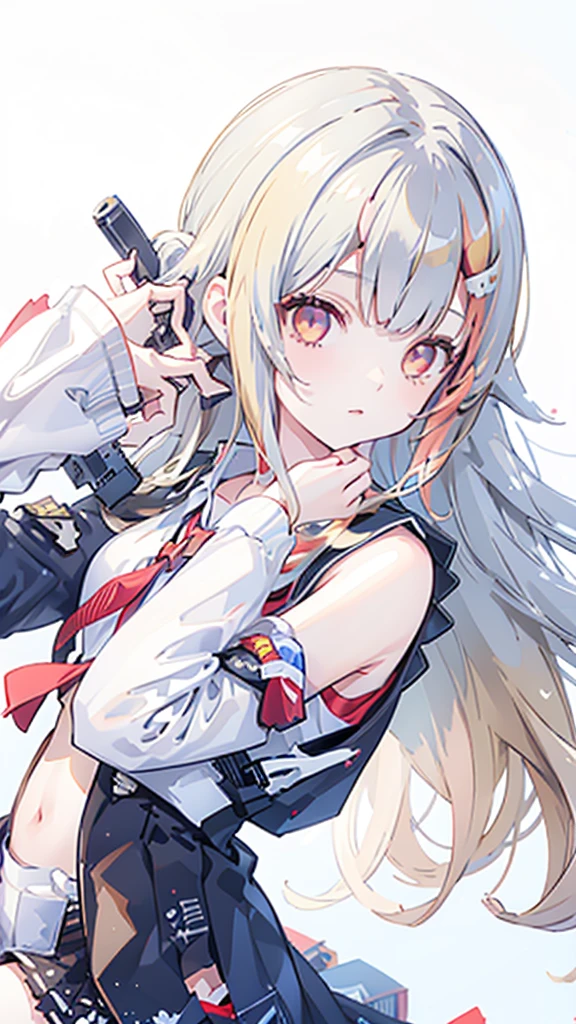 Beautiful illustration、top-quality、Cute little girl s、Bedroom、Golden hair、long whitr hair、(((pleatedskirt)))、(((a sailor suit)))、short- sleeved、a navel、Pull up the skirt,Bare legged、eBlue eyes、on top of the bed、Lovely thighs、glowing thigh