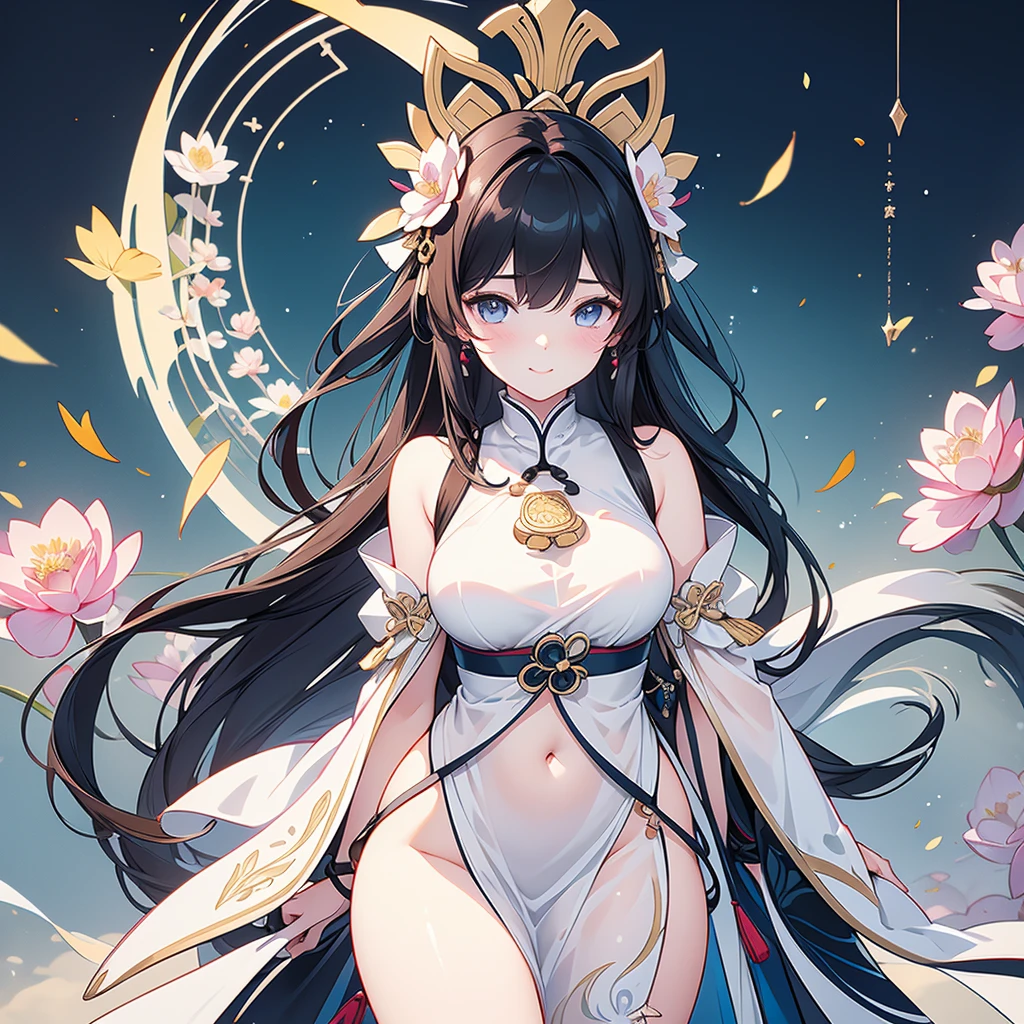 Best Quality, masterpiece,   ultra high resolution, (Realistic: 1.4), Xiuxian, smile, shy, belly button,  listening to music with headphones ,  Beautiful Jewelry, Horse face dress, Detailed aspect,,  1 girl,   nude in white clothes  , Lotus flower pattern, Maple Leaf Pattern , Alone, arms, ( Magic Rim: 1.2), Xiuxian, 上Half Body,  beautiful girl, [Half Body,  East Asian architecture , sheath, construction,