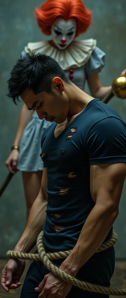 White man with blue eyes, with black hair, with a goatee, measuring 1,80, athletic body, wearing black bandages in a dark place surrounded by monsters