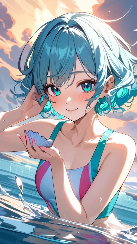 1 Girl、Anime-style paintings、Light blue hair、Pink Eyes、Synchronized Swimming Costume、Acorns、smile、Upper body close-up、(Highest quality, High resolution:1.2, Very detailed)