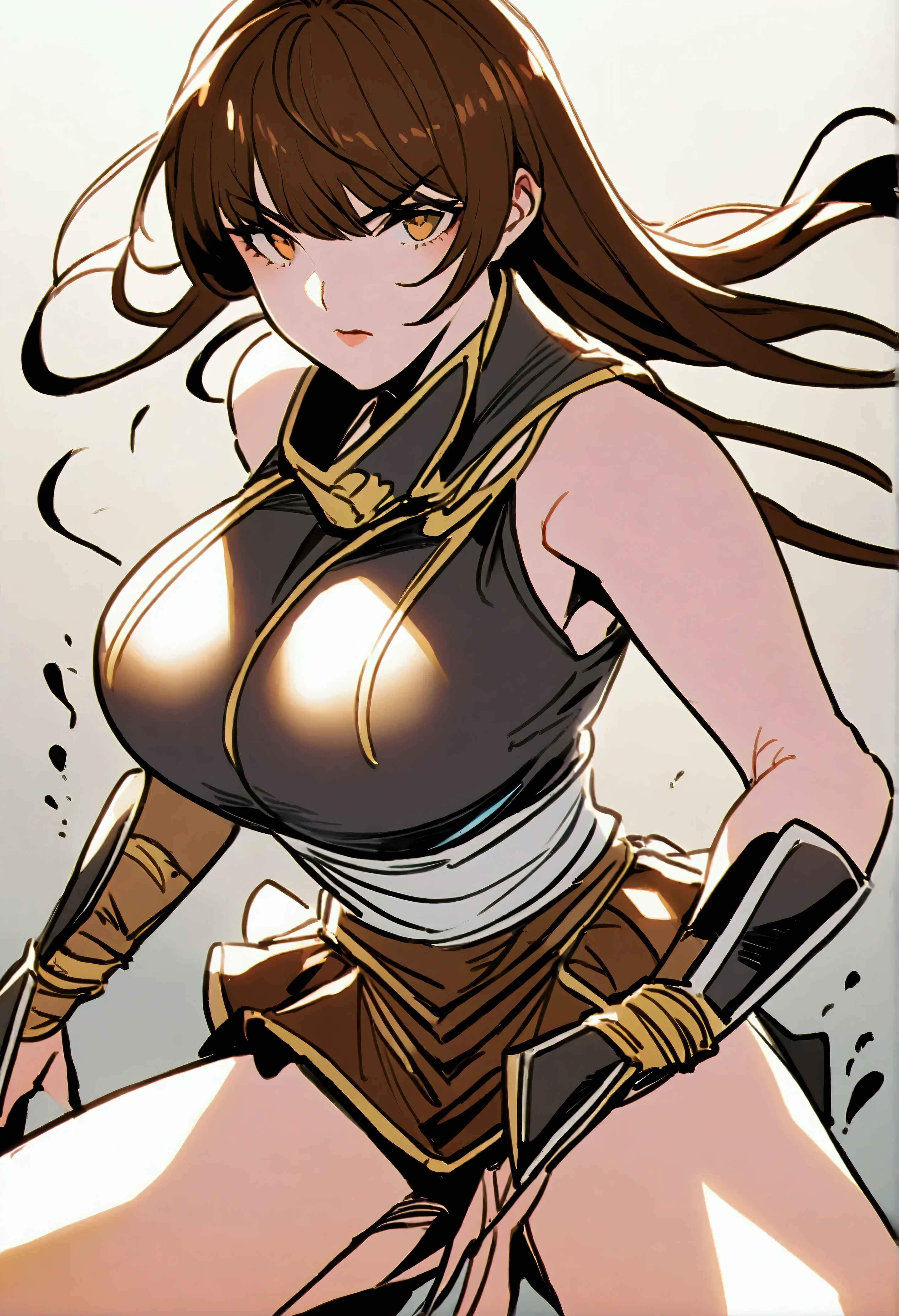 young woman , narrow waist, 155 cm large,   brown long hair   ,    in light armor and with a two-handed sword,   standing in fighting position and with momentum ,    ready for a horizontal blow    ,  large Breasts 95 EE    ,    full body shot   ,  armor with large Dekolleté ,  sexy metal armor   ,  leather miniskirt, Beautifully drawn ,  adjust the look to Kasumi , dynamic pose