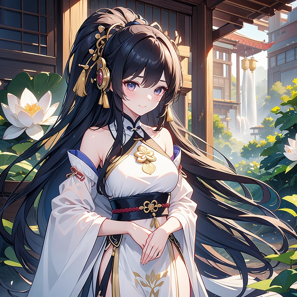 Best Quality, masterpiece,   ultra high resolution, (Realistic: 1.4), Xiuxian, smile, shy, belly button,  listening to music with headphones ,  Beautiful Jewelry, Horse face dress, Detailed aspect,,  1 girl,   nude in white clothes  , Lotus flower pattern, Maple Leaf Pattern , Alone, arms, ( Magic Rim: 1.2), Xiuxian, 上Half Body,  beautiful girl, [Half Body,  East Asian architecture , sheath, construction,