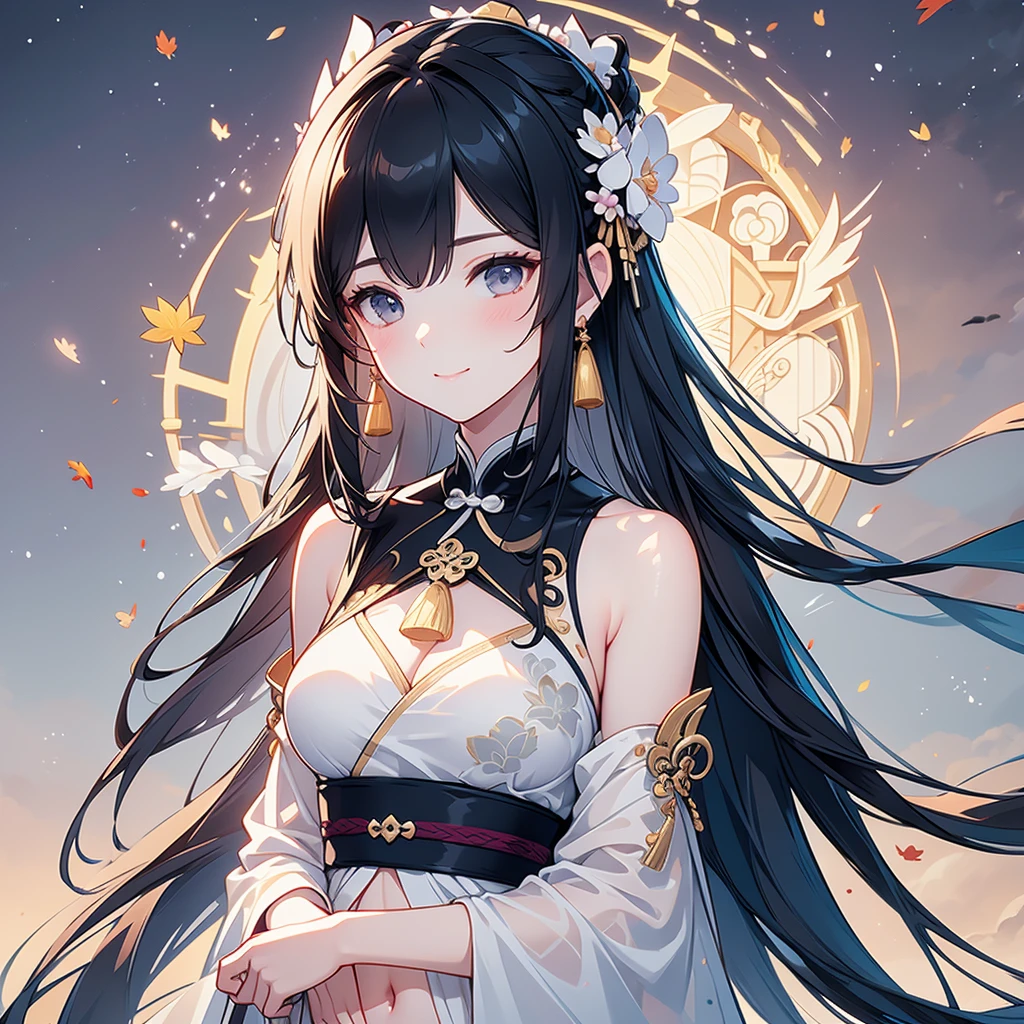 Masterpiece, real, beautiful heavenly woman with ultra-long hair and thin beautiful feather robe in Chinese style black hair descended from heaven on the beach, looking down at the viewer with dim eyes, Chinese style hair ornament, moonlight, divinity in halo, in the evening mist, 18 years old, dull eyes