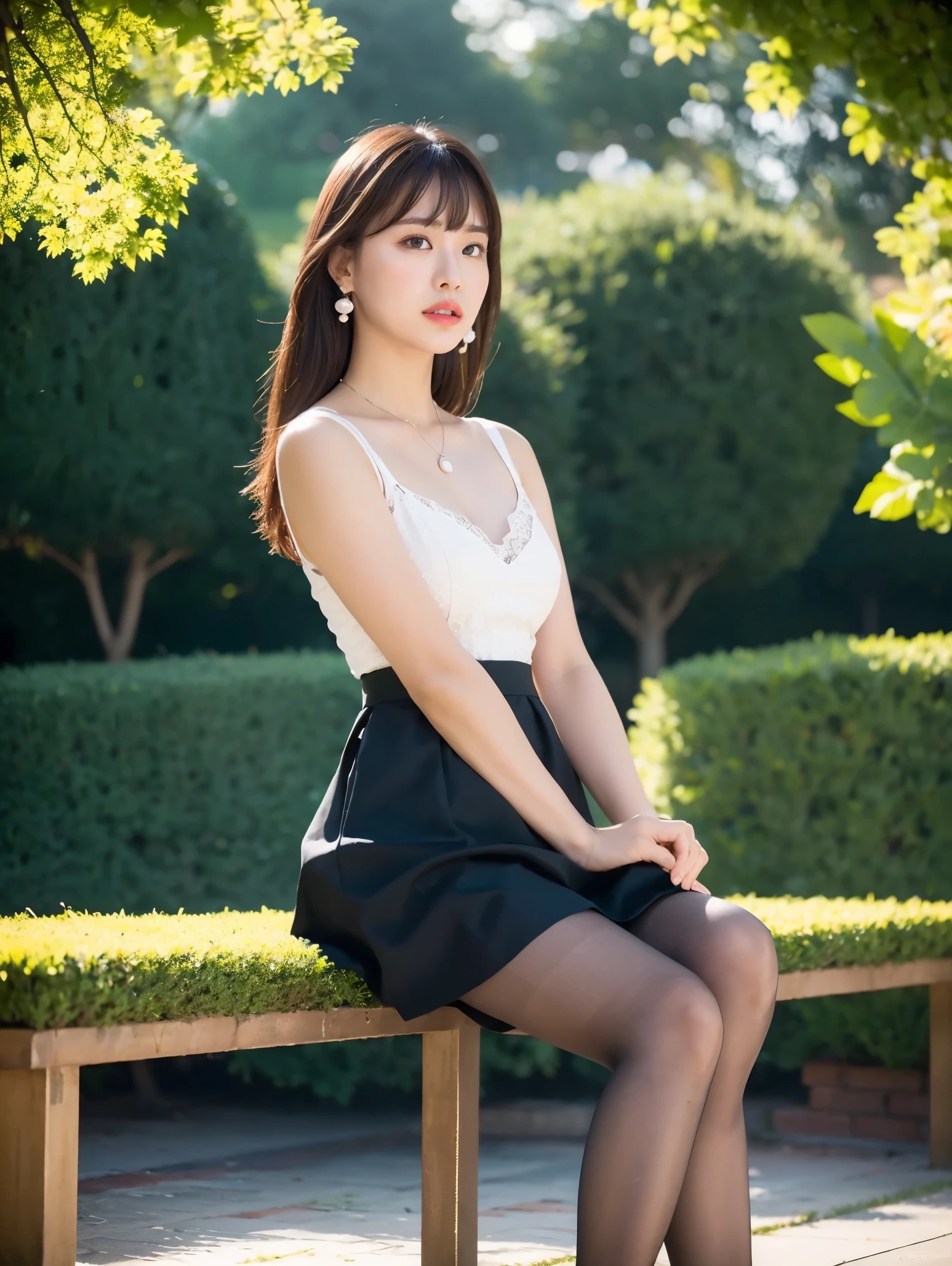 Best Quality, masterpiece, high definition, photorealistic , RAW photo, 8k wallpaper, perfection, professional writing, very detailed, Written Boundary Depth, 1 girl, Mature, Dark night in the park, formal mini skirt dress、one piece、 Super Realistic Pantyhose :1.3, High Heels , pearl earrings 、 Pearl Pendant、 ( Look Away ), detail face , beautiful eyes, Sit on a bench, bangs, well-shaped small breasts , Light Brown Straight Hair, Green、 Flash Shot、 widens the angle from below 、Strong winds