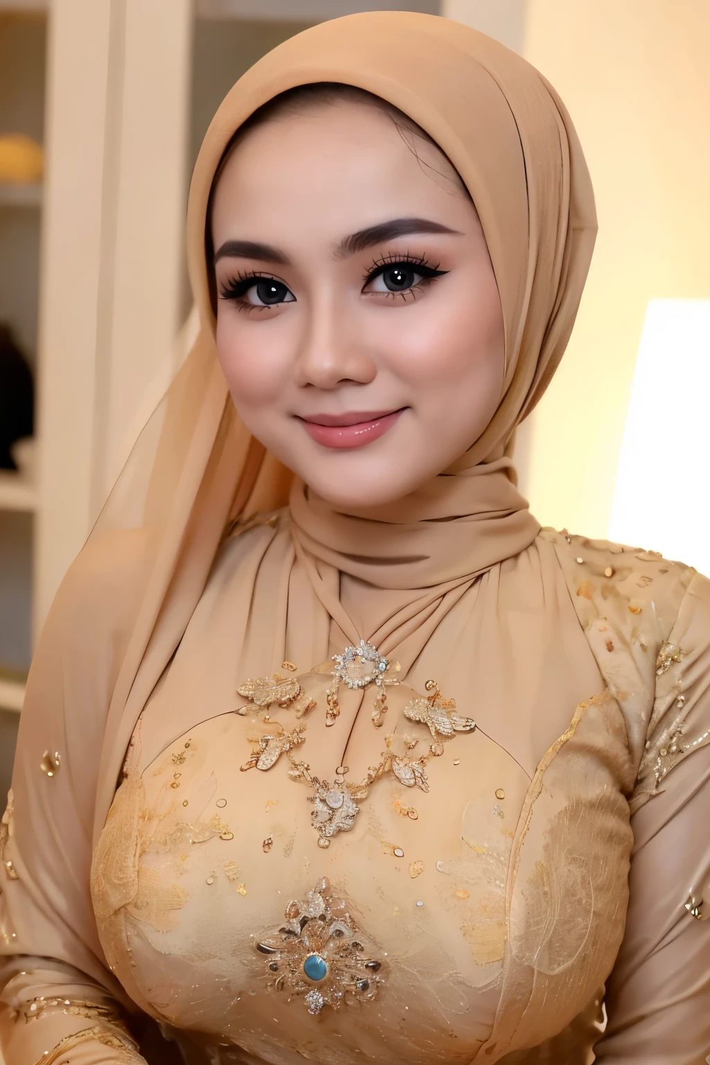 flirting eyes,Super fine face, double eyelids,((Realistic lighting, Best quality, 8K, Masterpiece: 1.3, hyper realistic)), Beautiful, cute baby Face, indonesian muslim girl, (wearing blue hijab), full hijab, sexy long sleeves open bust kebaya dress, open breast, breast out, slightly Chubby , White Skin, Smiling, porn studio Background, day light,mid shot, upper body, Perfect Potrait, Bokeh Effect, Look at Viewer, medium saggy breast, ((adorable:1.2)), ((masterpiece:1.1)), ((bokeh:1.2)), naughty seductive close up pose