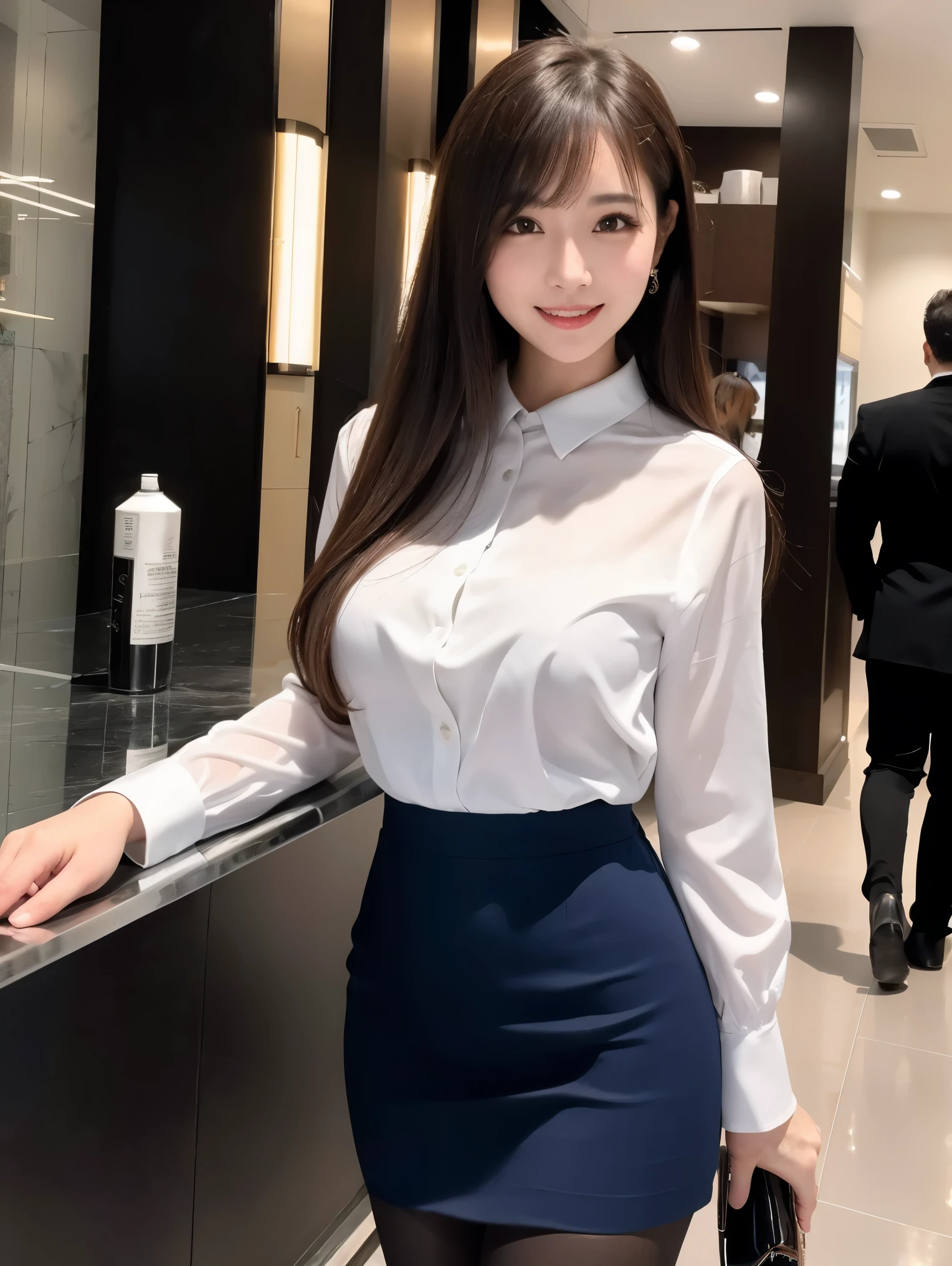 ((Realistic photo, Best quality, 8K, Masterpiece: 1.3)), (raw photo:1.2), Hyperrealist portrait gorgeous Beautiful Chinese girl, 16 years old, Perfect Figure, pretty body, (beautiful flat breasts: 1.2), very detailed eyes and face, (lustfully naughty face, crimson red lip, heavy makeup: 1.3, blushing), beautiful detailed eyes, seductive sharp eyes, (charming smile: 1.4), white skin, photo realistic, very detailed face, ((white shirt, black pencil skirt)), (long legs: 1.2, beautiful long nails), loose curls hairstyle, ((standing pose)), (modern office room background)
