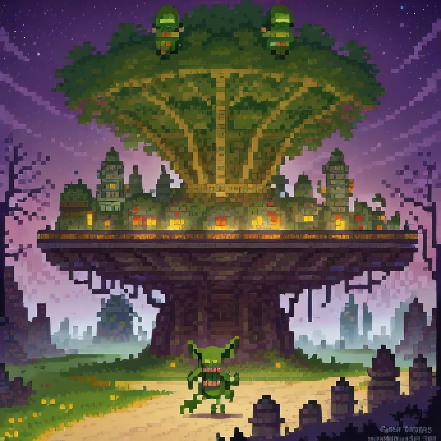 ((goblin city: 1.5)), (masterpiece), (Best quality: 1.0), (Ultra-high resolution: 1.0), detailed illustration, detailed landscape, vibrant colors goblins walking through the city, 8K, night, moon clouds, ((magical, beautiful, trees: 1.4 )), ((Best quality, vibrant, 32k light and well-defined shadows)).