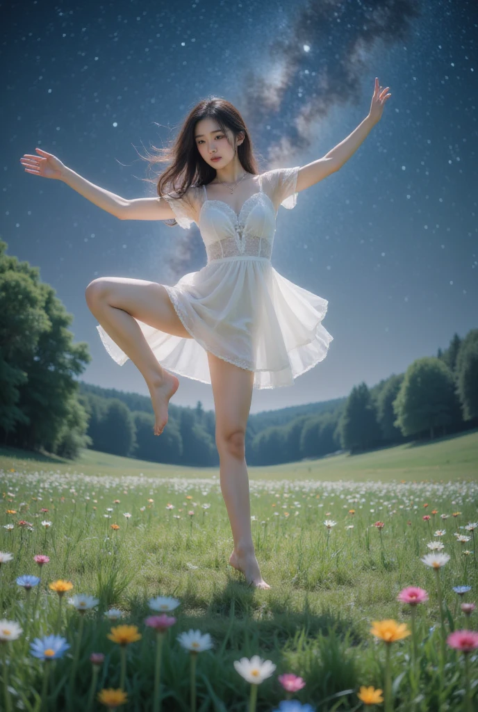 （（（（（Standing Splits）））））， Transparent tights ，( masterpiece 、Highest quality、8K、 high resolution )、1 female、Beautiful slender eyes 、Lovely lips、 beautiful nose 、Brown black hair、 Smile、(best anime girl)、 Green prairie and forest landscape 、walk,((barefoot, Off the Ground, flying High target, High target, High target, Flying and running)),Fantasy Art, colorful flowers blooming in the field,Bright Night，Starlight is clearly visible、Milky Way、(Mysterious light particles are emitted from the whole body、  Colorful light particles  )、Jewelry、necklace、 white lace dress 、(Beautiful full body style)、 Highly detailed anime art 、Fantasy Art,