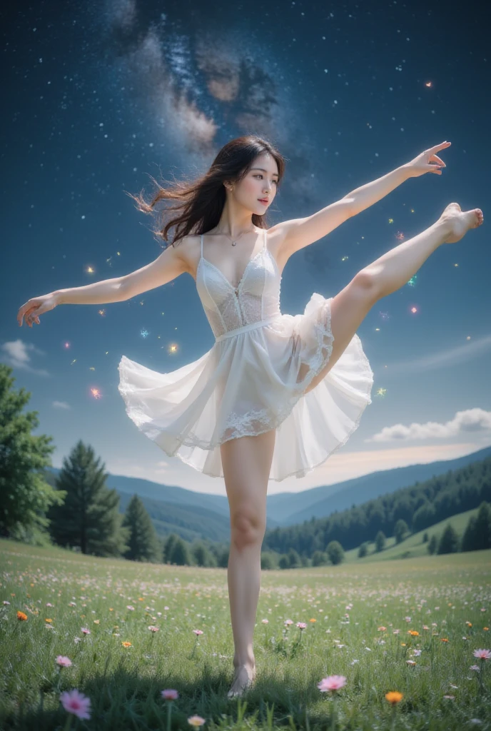 （（（（（Standing Splits）））））， Transparent tights ，( masterpiece 、Highest quality、8K、 high resolution )、1 female、Beautiful slender eyes 、Lovely lips、 beautiful nose 、Brown black hair、 Smile、(best anime girl)、 Green prairie and forest landscape 、walk,((barefoot, Off the Ground, flying High target, High target, High target, Flying and running)),Fantasy Art, colorful flowers blooming in the field,Bright Night，Starlight is clearly visible、Milky Way、(Mysterious light particles are emitted from the whole body、  Colorful light particles  )、Jewelry、necklace、 white lace dress 、(Beautiful full body style)、 Highly detailed anime art 、Fantasy Art,