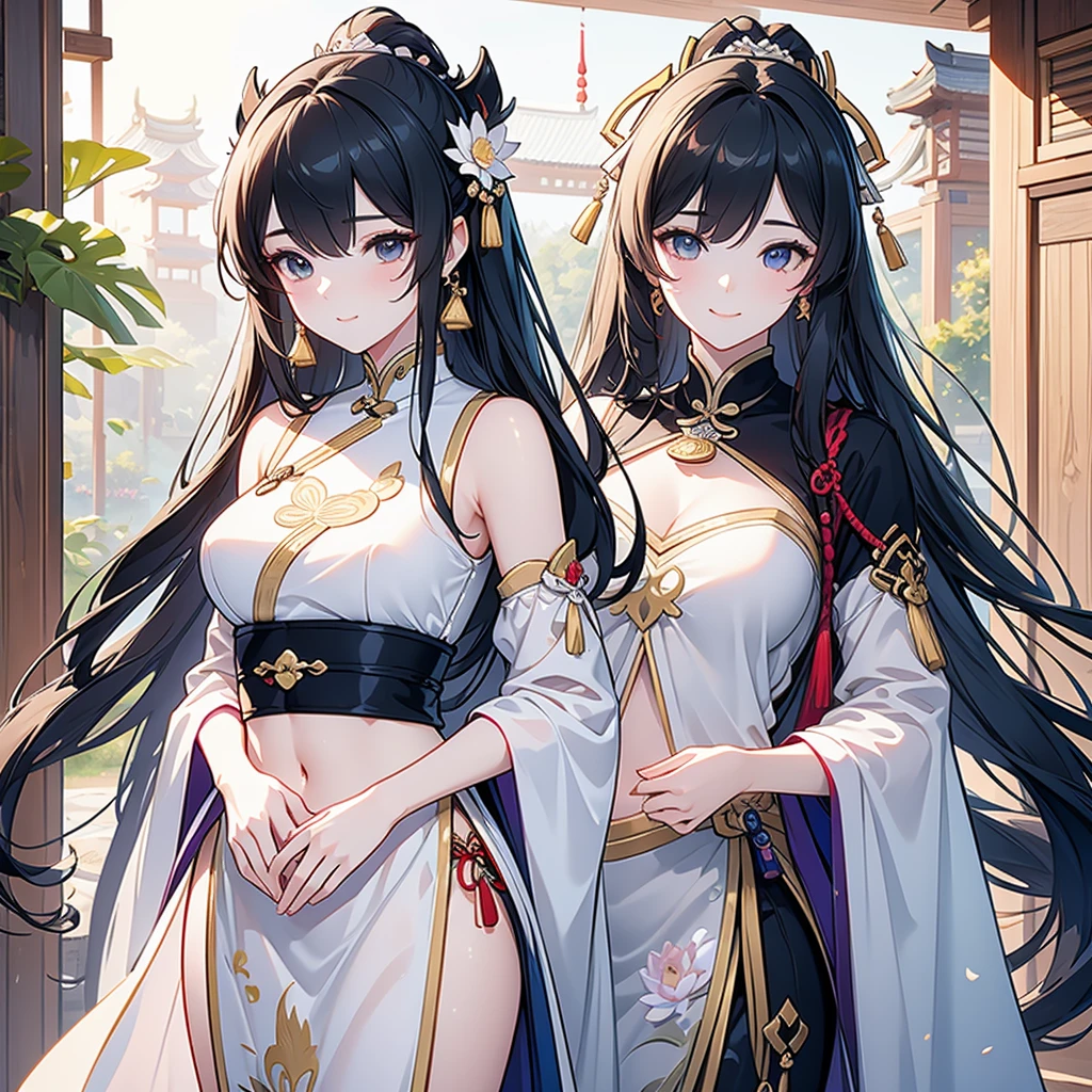 Best Quality, masterpiece,   ultra high resolution, (Realistic: 1.4), Xiuxian, smile, shy, belly button,  listening to music with headphones ,  Beautiful Jewelry, Horse face dress, Detailed aspect,, female 1 person,  Wore the white clothes of , Lotus flower pattern, Maple Leaf Pattern , Alone, arms, ( Magic Rim: 1.2), Xiuxian, 上Half Body, Beautiful woman, [Half Body,  East Asian architecture , sheath, construction, slit 、Belly button