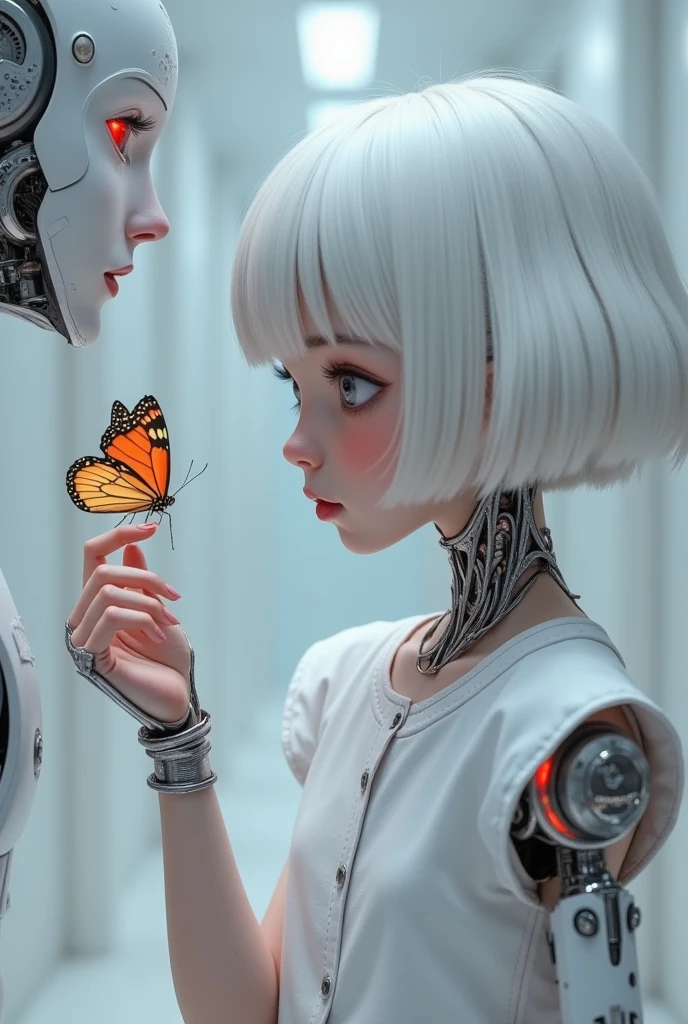 1 Girl，White short hair，Straight bangs，robot carrying butterfly on a hand, in the style of light magenta and gray, photo-realistic techniques, precisionist lines, made of liquid metal, caffenol developing, innovating techniques, machine aesthetics