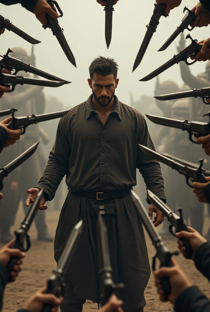Main character:-ram charan with body with white shirt and black jeans and black shoes in his shirt blood drops are visible and listings music in wire earphone and smiling with chill mood. And
Background:- in the glass place every were every where in was blood and dead body laying in the floor. Dead body are there
Villains:- huge body builders more than 50 peoples with dangerous weapon and move the weapons towards main character in angry mood attack the main character with a circular position looking towards main character in angry mood to going to kill Main character
