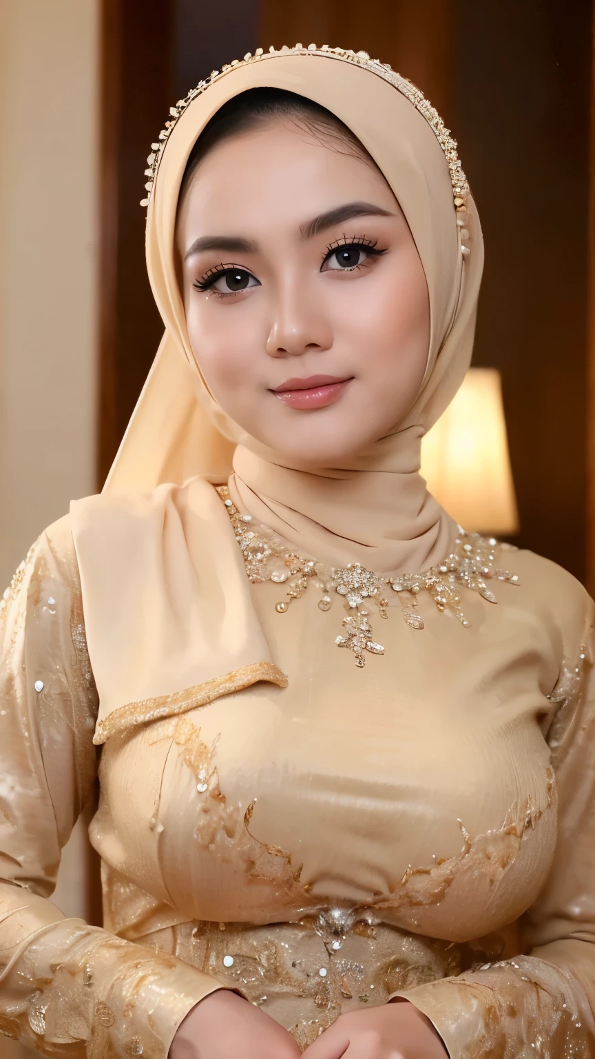 flirting eyes,Super fine face, double eyelids,((Realistic lighting, Best quality, 8K, Masterpiece: 1.3, hyper realistic)), Beautiful, cute baby Face, indonesian muslim girl, (wearing blue hijab), full hijab, sexy long sleeves open bust kebaya dress, open breast, breast out, slightly Chubby , White Skin, Smiling, porn studio Background, day light,mid shot, upper body, Perfect Potrait, Bokeh Effect, Look at Viewer, medium saggy breast, ((adorable:1.2)), ((masterpiece:1.1)), ((bokeh:1.2)), naughty seductive close up pose