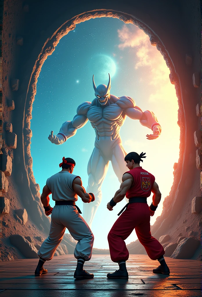  street fighter,Ryu,Fighting Matches, Portal to Another Dimension, Dimension Portal on the right side of the screen, The portal is a vertical circle, The portal is 2 meters tall, Frieza from Dragon Ball appears from a portal,(((Cut-in effect with the text "NEW CHALLENGER", front of screen, Very flashy)))