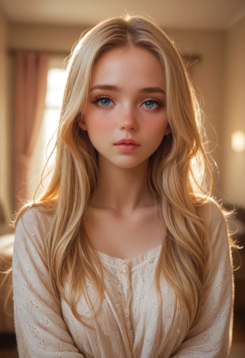 Highres, detailed, Cartoon, Maplef0x, pretty girl, cute,  pale_skin, straight long hair, 1girl, beautiful, nose_blush, dinning room, cozy warm outfit,pretty, blonde, looking_at_viewer, bokeh, hot body