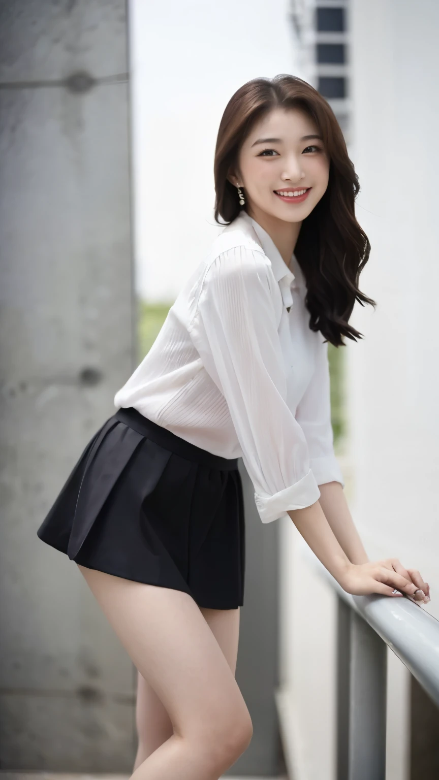 Highest quality、masterpiece、Ultra-high resolution、(Realistic:1.4)、Downtown Tokyo、woman、Standing woman、(((Leaning forward))),Grin、beautiful woman、blouse、miniskirt、Handbags、High heels