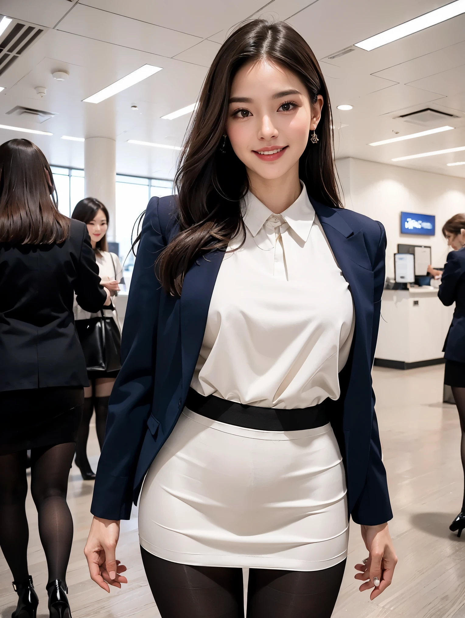 (((full body,including legs)))、(((オフィスレディ、OL、office lady、通勤中、little smile,formal clothes,navy  knit、v-neck knit、thin knit、navy tight jacket)))、(((horseshoe-shaped hairband)))、formal ,high heel、Dressed up、(Photo real:1.4)、(A hyper-realistic:1.4)、(Photorealistic:1.3)、 (gentle lighting: 1.05)、(Improve the lighting quality of your video:0.9)、32k、 1Girl、28years old girl、photorealistic lighting、Back lighting、Facial Lights、Ray Trace、(bright:1.2)、(Increase quality:1.4)、 (best quality real texture skin)、Fair eyes,Delicate and delicate face, Close-up of the face, navy knit,very tight knit,v-neck knit、navy pencil skirt ,navy tight skirt, (Bodyline mood improvement:1.1)、Glossy skin、(wavy hair,blonde hair),韓国アイドル、乃木坂アイドル、Sculptural Idol Pose、little smile,blush,Beautiful actress、Neat woman,whole body, (((large breasts))),(perfect row of teeth),slender waist and hip,beautiful long legs、blonde hair,(full shot)、((8heads tall)、(((誘惑している、恥ずかしい)))、dynamic pose,gravure pose,(thick eyeliner,eye shadow),((red cheek、red lips)),Super Clean Night View、night time、blush,little smile,(((full shot)))、a little open the legs、(((in the crowded night train)))