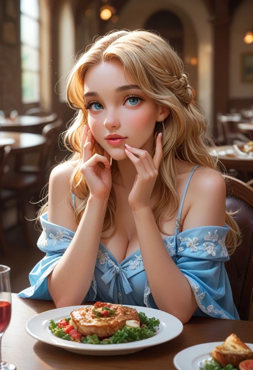 Highres, detailed, Cartoon, Maplef0x, pretty girl, pale_skin, straight long hair, 1girl, beautiful, nose_blush, dinner, at table, cozy warm outfit,pretty, blonde, looking_at_viewer, bokeh, hot body