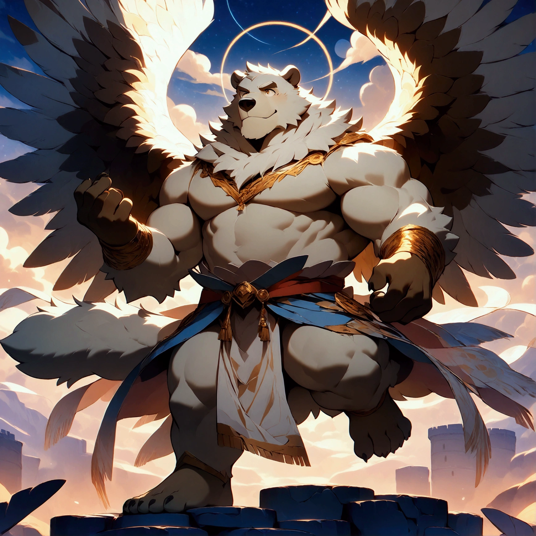 character focus, full body, looking away, dynamic angle, angel, a plump middle-aged polar bear man, angel wings, happy, light smile, loincloth, rushing wind, hold with both hands quantum electromagnetic life form sacred sphere, spinning fly, dynamic pose, BREAK complete anatomy, perfect proportions, beautiful thigh gap, fluffy body, intricate fur details, beautiful fur texture, BREAK detailed bear tail, detailed toe, 5toes, 5toes nails, beautiful foot, detailed hands, 5fingers, 5fingers nails, BREAK cute face, aesthetic anime face, insanity detailed face, male face, big face, square jawline, aesthetic anime eyes, detailed brown eyes, detailed brown cornea, detailed dark brown irises, detailed pupils, male eyes, big eyes, male eyebrows, innocent look, beautiful beard, BREAK full body in Michelangelo Buonarroti style, digital illustration anime, housamo style, detailed painting landscape, twilight, kaleidoscopic swirls, france, outdoor, full body, HDR, BREAK masterpiece, official art, best quality, very aesthetic, absurdres, super fine illustration, great quality, BREAK noise reduction, very highres, large filesize, high quality, 32K, 8k wallpaper, dynamic lighting, BREAK insanity detailed, ultra detailed, intricate details, extremely detailed, detailed texture, an extremely delicate and beautiful, BREAK osukemo, e621 illustration, Fur Affinity illustration, kemohomo, anthropomorphic, furry, cartoon, harmonious body, pastoral face, virtuous eyes, epic atmosphere