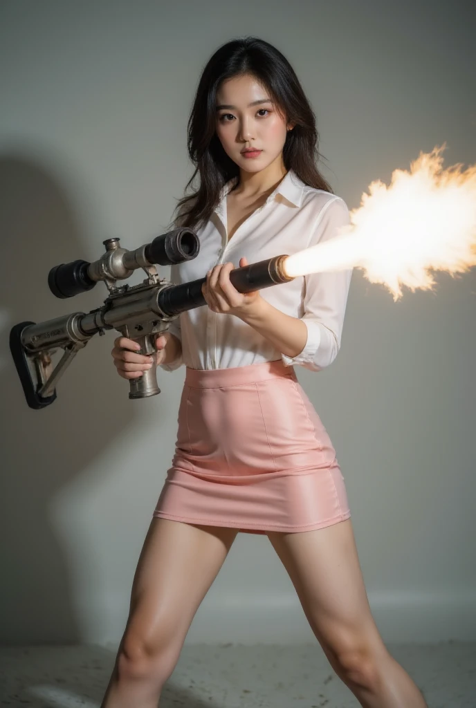 （（（（（Standing Splits）））））， Transparent tights ， frontal view of a beautiful Korean office lady wearing a white satin shirt and pink satin tight skirt， facial expression is a war cry screaming ，Upright standing posture，Legs open，whole body， holding a very long flame with both hands ， high-pressure long barrel ， pipe washer hose ， shoulder bag ， large gas tank ， pointing the muzzle at you ， sexy leg charge ， remote flame ， screaming flame ，Action girl 