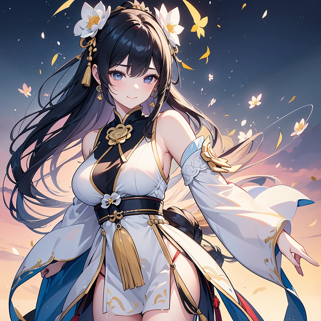 Best Quality, masterpiece,   ultra high resolution, (Realistic: 1.4), Xiuxian, smile, shy, belly button,  listening to music with headphones ,  Beautiful Jewelry, Horse face dress, Detailed aspect,, female 1 person,  Wore the white clothes of , Lotus flower pattern, Maple Leaf Pattern , Alone, arms, ( Magic Rim: 1.2), Xiuxian, 上Half Body, Beautiful woman, [Half Body,  East Asian architecture , sheath, construction, slit 、Belly button