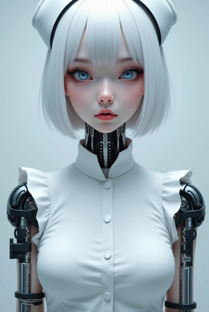 HD Photography， beautiful girl with short white hair，Semi-mechanical girl ，Straight bangs，Nurse