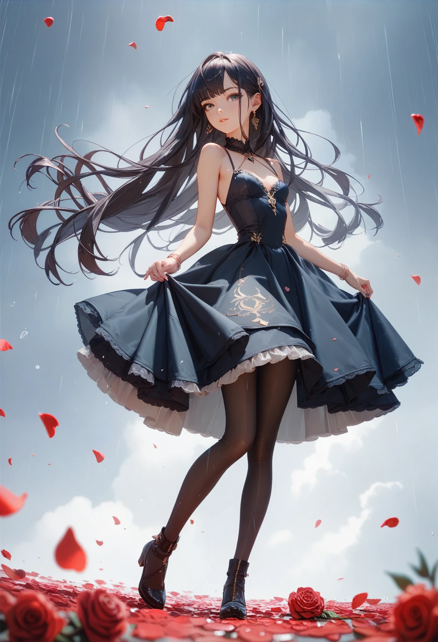 Score_9,Score_8_up,Score_7_up,highest quality anime,masterpiece,extremely detailed,depth of field,high-resolution,1 girl,slim,small breasts,(black long hair,straight bangs),(Ideal slender proportions),(noble's dress,matted black tights),(in storm of many rose petals:1.2)