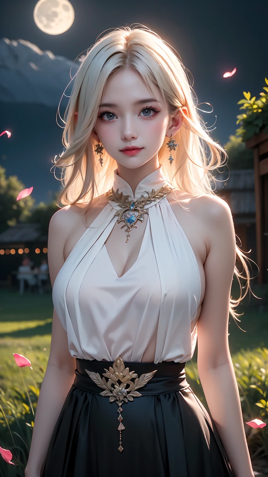  masterpiece ,  best quality,, 1 Girl, ( colorful ),(  A beautifully detailed eye and detailed face),cinematic Lighting,bust, extremely fine CG unity 8k wallpaper,White hair, alone , Smile,Complex skirt,((Flying petals)),( blooming meadows), Sky, partly cloudy_Sky, architecture, moonLight, moon, night, (DARK THEME :1.3), Light, fantasy,