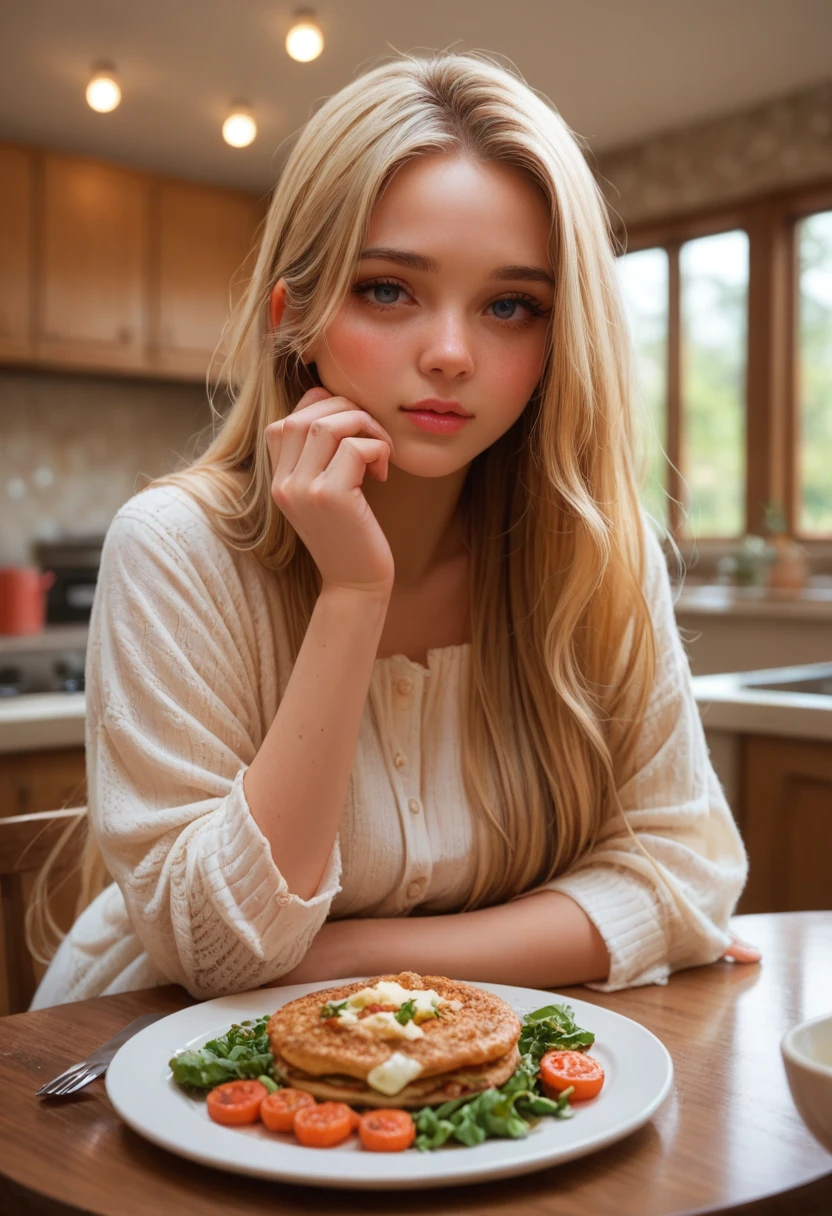 Highres, detailed, Cartoon, Maplef0x, pretty girl, pale_skin, straight long hair, 1girl, beautiful, nose_blush, kitchen, dinner, at table, cozy warm outfit,pretty, blonde, looking_at_viewer, bokeh, hot body